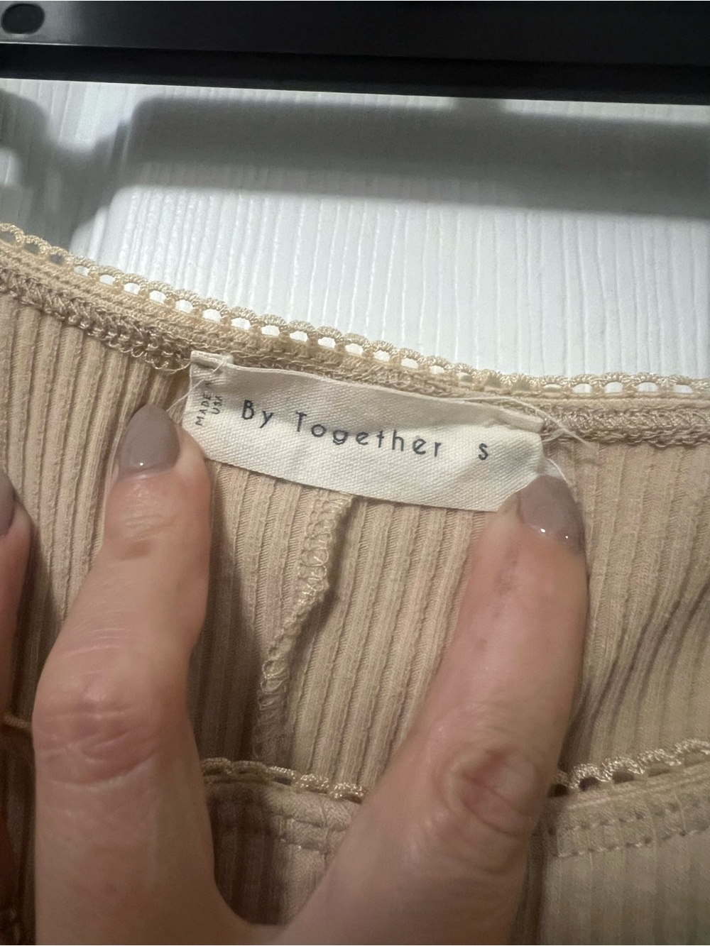 Button-Front Ribbed Top in Beige - Picture 2 of 3